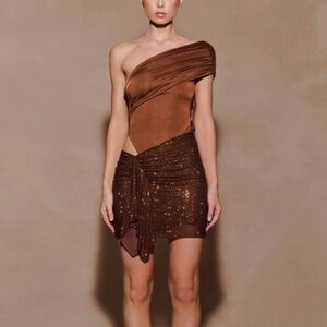 MESHKI Paisley Slinky And Diamante Mini Dress - Chocolate
